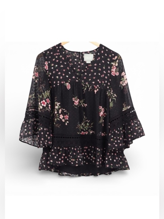 Anthropologie Tops - Anthropologie Maeve Steffy Bell Sleeve Black Floral Top Size XS